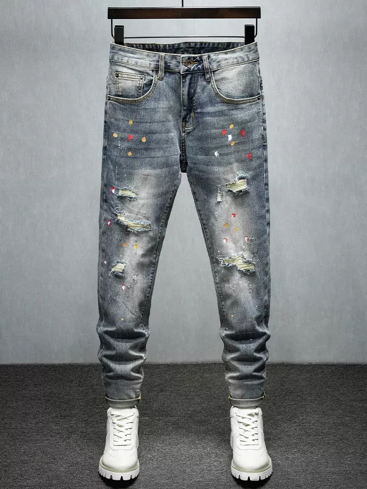 Street Fashion Men Jeans Retro Blue Washed Elastic Slim Fit Hole Ripped Jeans Men Painted Designer Hip Hop Denim Pants Hombre