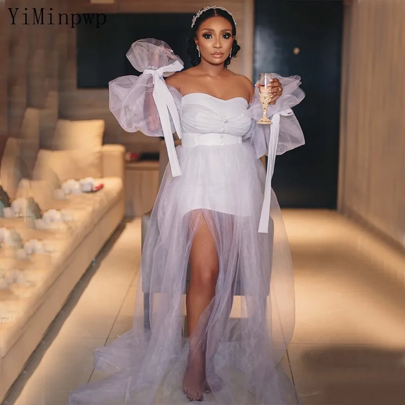 New Wedding Dresses for Women Bride Robes Bridal Shower Gown Off Shoulder Sweet Heart Side Split A line Ruffles Covered Button