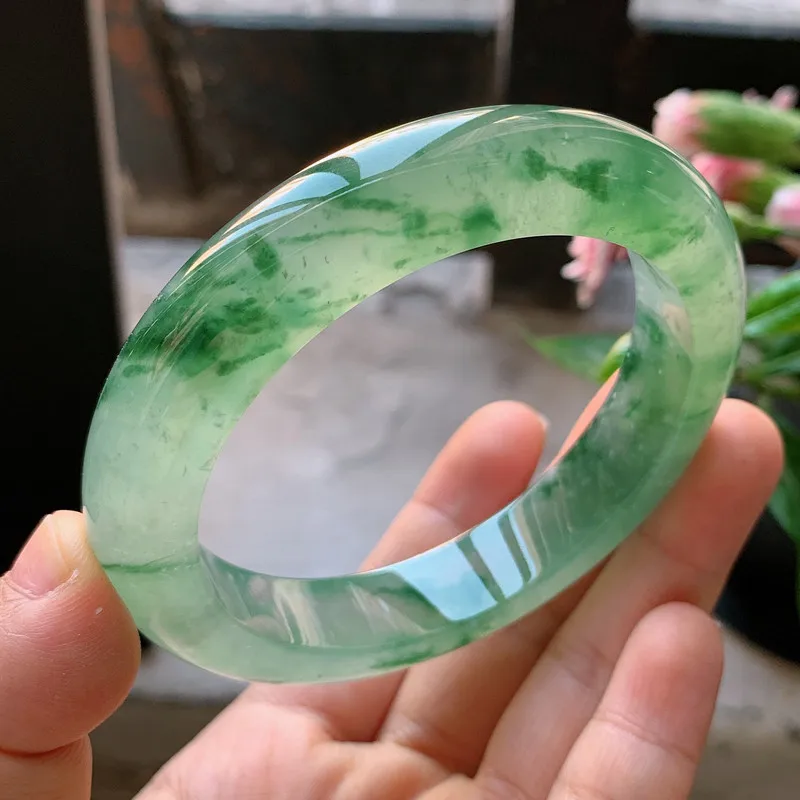 Myanmar bracelet, high-quality jade, with green floral patterns, round and wide, imperial style, translucent ice ja