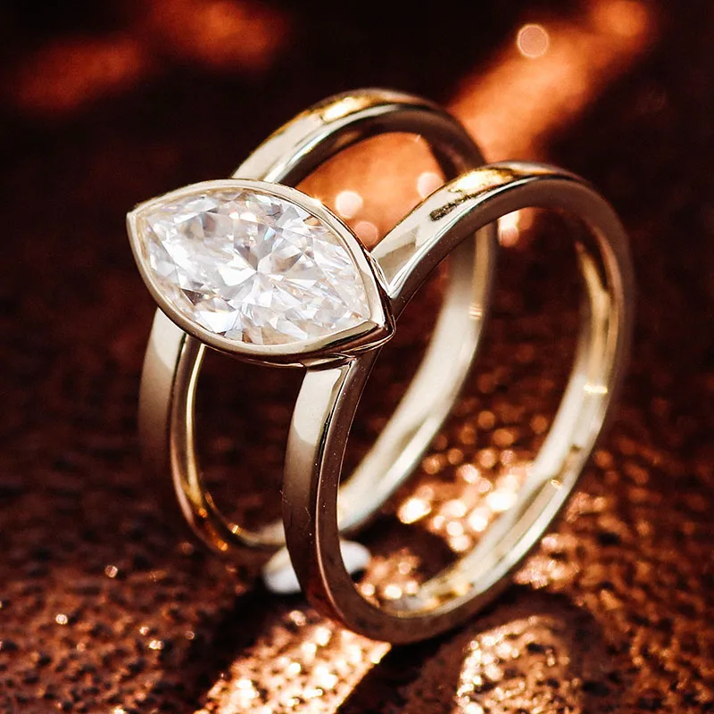 

Provence 10K Yellow Gold Engagement Ring With Marquise Shape Moissanite Diamond For Women Double Row Anniversary Band