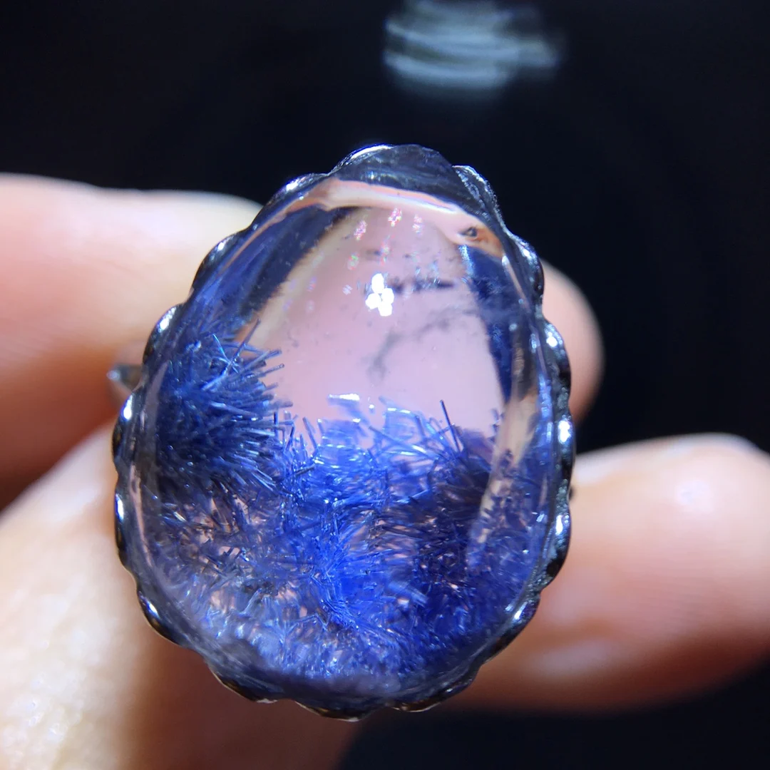 Natural Blue Dumortierite Adjustable Ring Blue Rutilated 18.1/13.8mm Woman Men Jewelry AAAAAA