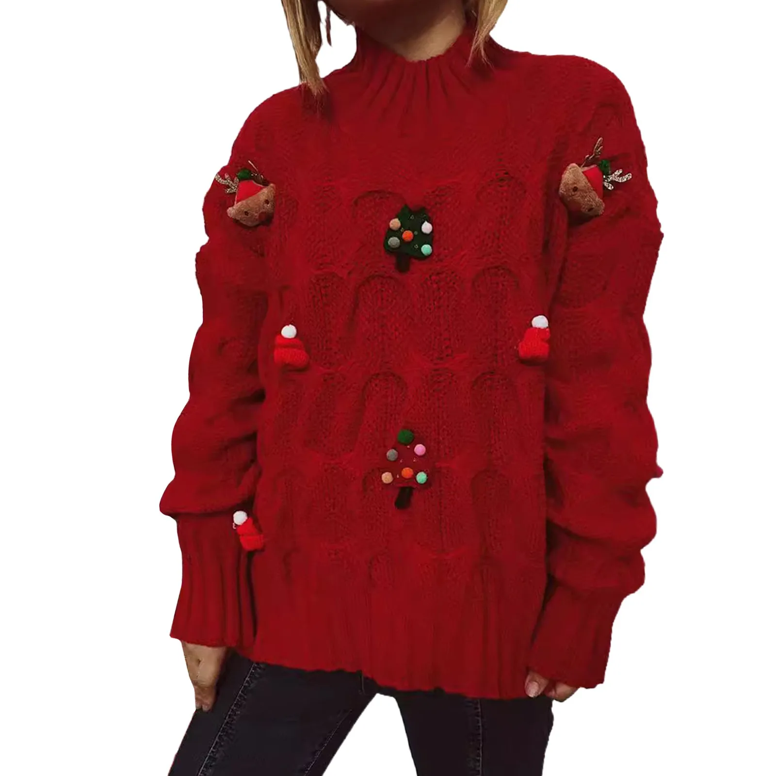 Ladies\' Christmas Fashionable Autumn And Winter Sweater Xmas Loose Round Neck Print Pullover Sweater Knitted Sweater Top  ﻿