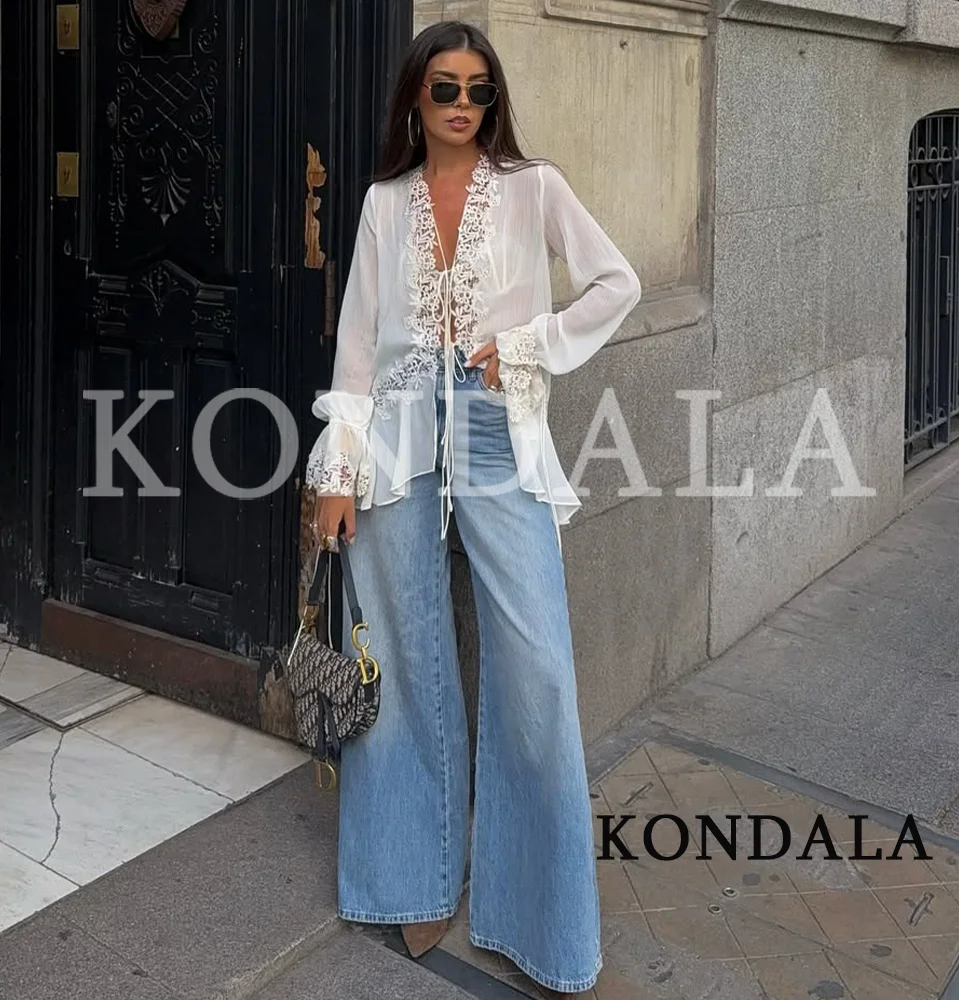 KONDALA Chic Lace Crochet Splicing See-through Shirts Women Elegant Leisure Lace-up Shirts 2026 Summer Trendy Lady Ruffles Shirt