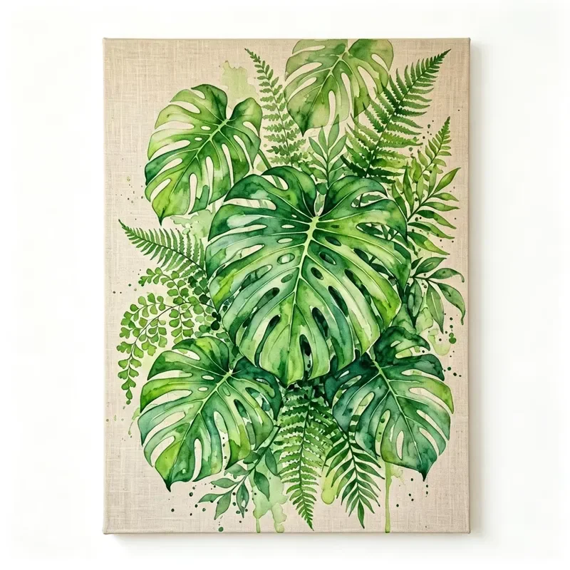 Large Monstera Leaf Botanical Wall Art Organic Biophilic Style Watercolor Foliage Canvas Decor Print for Living Room