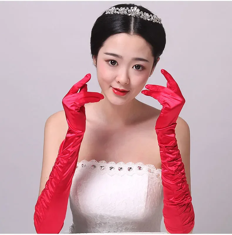 1 Pair Bride Bridal Wedding Gloves Red Black White Ivory Long  Satin Elegant for Women Finger