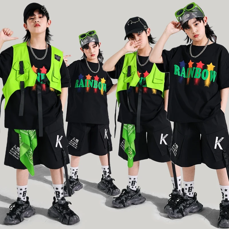 

Cool Jazz Dance Outfit Boy Black Oversize T-Shirt Black Shorts Hip Hop Street Dancer Performance Clothes Fashion Streetwear 1898