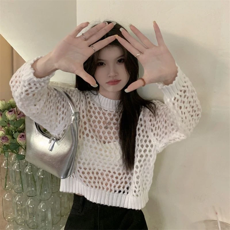 Crop Top 2023 New Fashion Sexy Summer Thin Knitted Hollow Out Women White Mesh Pullovers Chic Harajuku Oversized White Clothing