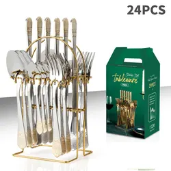 24pcs Luxury Dinnerware Sets Stainless Steel Cutlery Set Knife Fork Spoon Tableware Set With Cutlery Rack Set Home Flatware