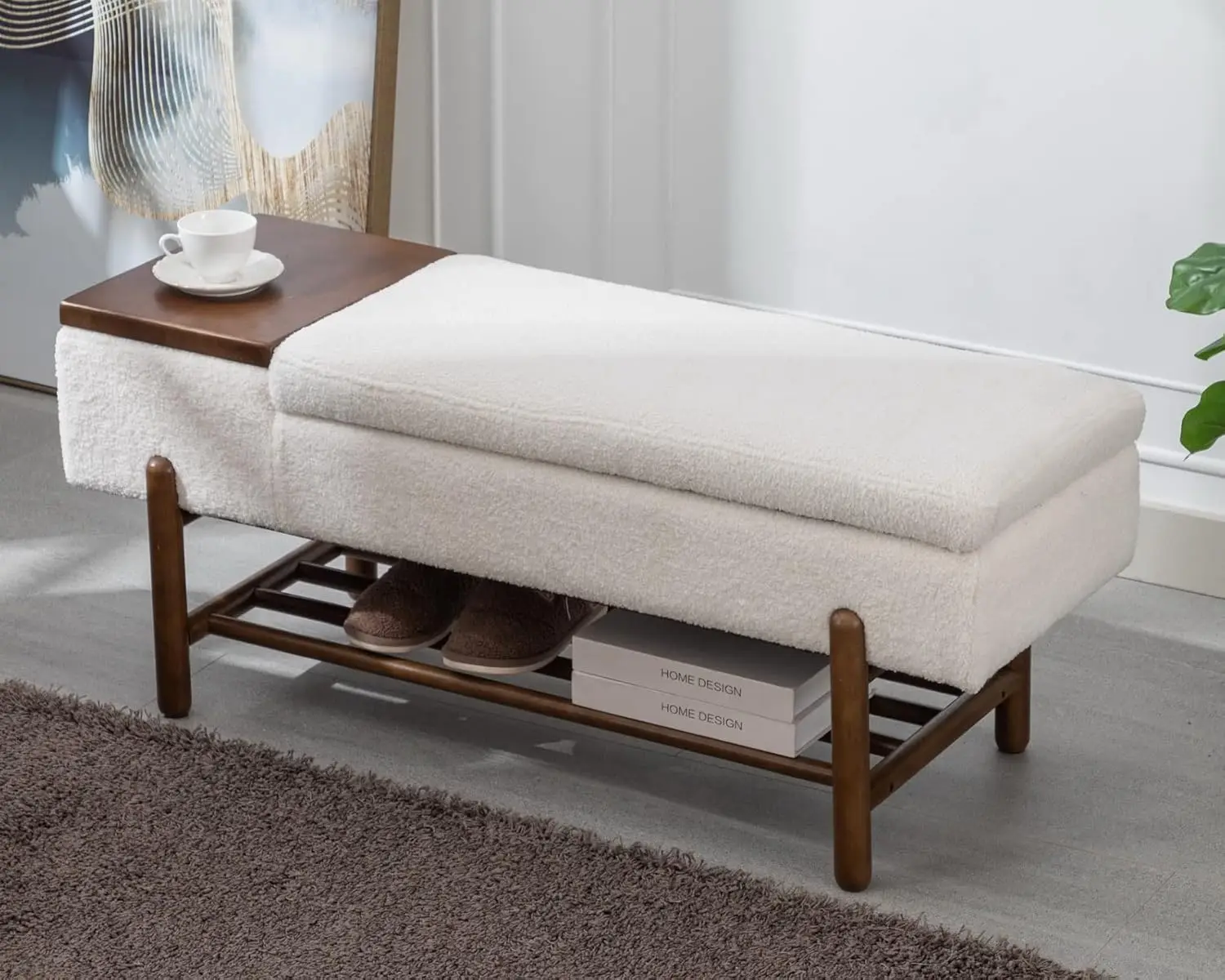 Storage Bench for Bedroom Sherpa End of Bed Upholstered Ottoman Bench with Wood Shoe Storage/Coffee Table for Living Room