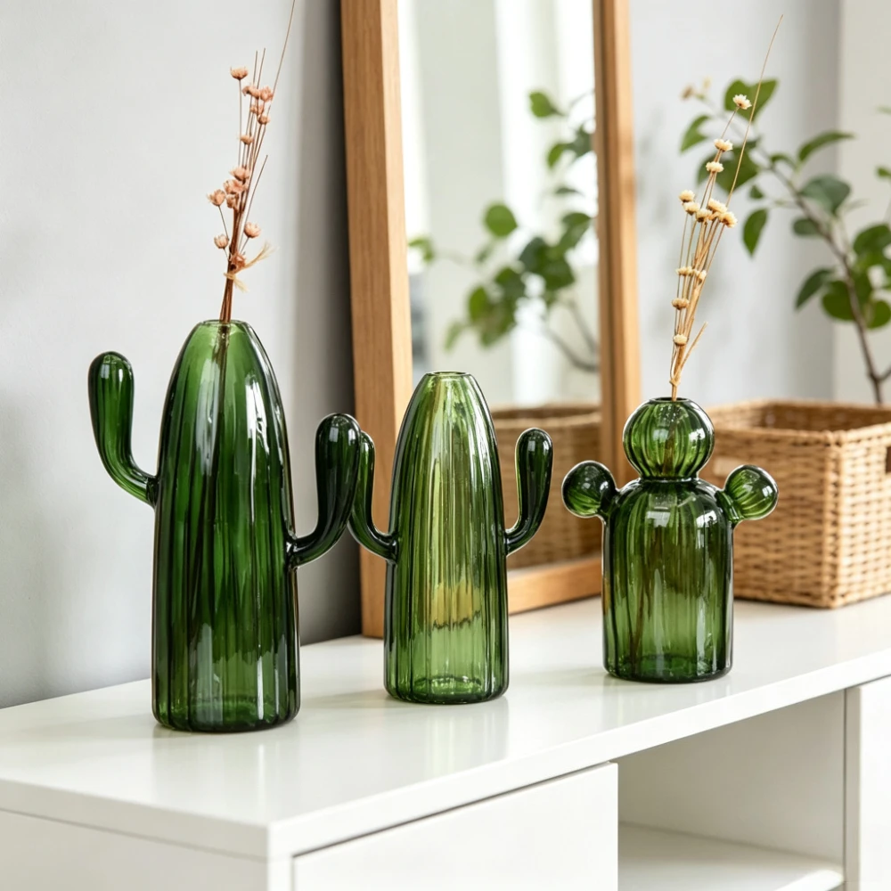 3Pcs Cactus Glass Vase Creative Mini Flower Vase for Dried Flowers Cute Cactus Shaped Decor for Home Living Room Table Ornaments