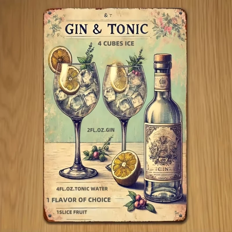 [1pc Vintage Gin Metal Sign] 1pc Vintage Metal Tin Sign, Gin & Tonic Recipe, 20x30 Cm, Iron Hanging Wall Art, Cubic Shape,