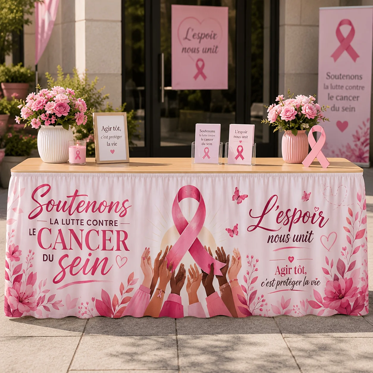 Send a tablecloth 1 piece. Breast cancer prevention pink ribbon floral hand-painted butterfly print tablecloth table skirt.