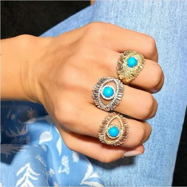 Christmas Gift Luxury Turkish Evil Eye Jewelry Ring Gold Color Geometry Clear Cz Blue Turquises Main Stone Cute Women Nice Rings