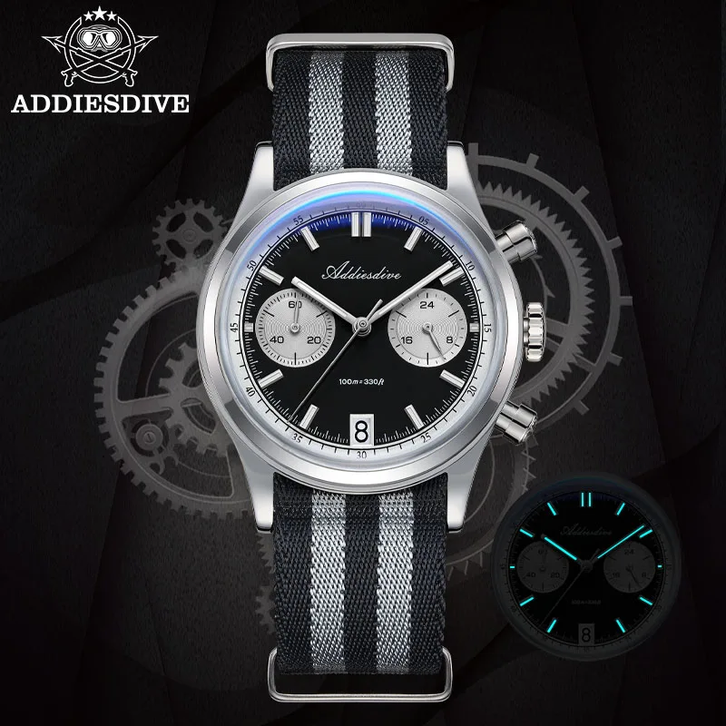 ADDIESDIVE VK64 Chronograph Watches Men's 38mm Quartz Watch BGW9 Luminous K1 Bubble Glass 100m Waterproof Nylon Strap Gift Box