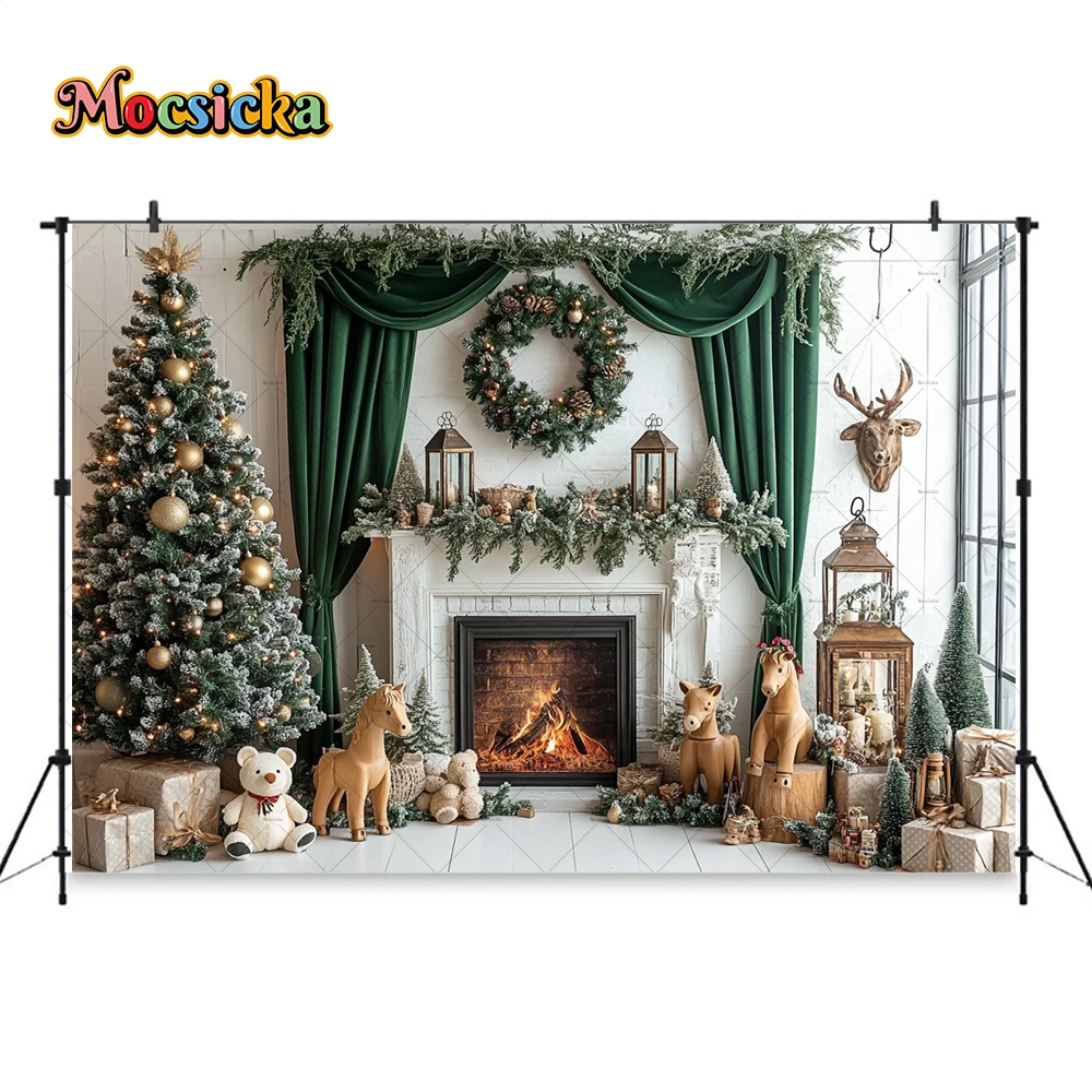 Vintage Christmas Fireplace Background Photography Green Curtains Wreath Xmas Tree Gifts Room Backdrop Kid Winter Birthday Photo