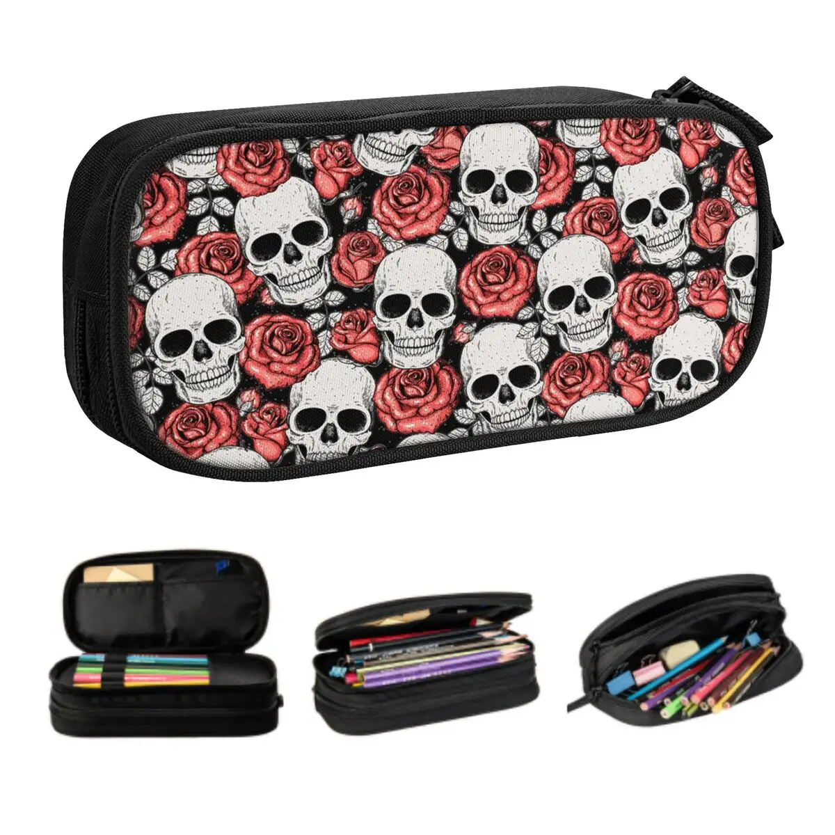 Custom Kawaii Roses Flower Death Skull Pattern Pencil Cases for Girl Boy Big Capacity Gothic Skeleton Pencil Bag School Supplies