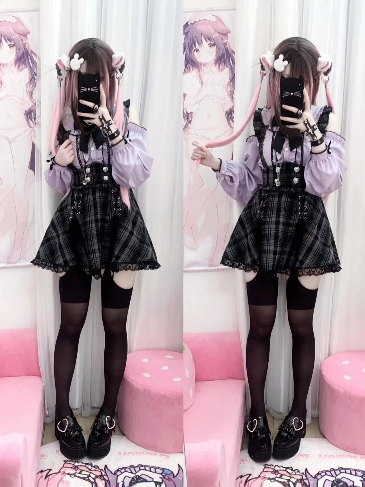 Japanese Mass-Produced Mine Purple Off-the-Shoulder Shirt Sweet Blouse Woolen Plaid Straps Skirt Girls Suspender Skirt Set