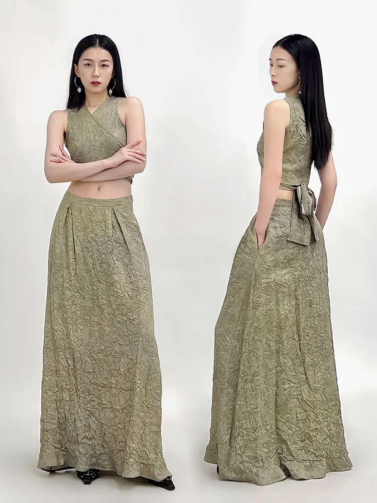 

Летний комплект SUN90: женский топ с плиссированной юбкой, V-образный вырез, двухкомпонентный набор, модный винтажный стиль, полиэстер