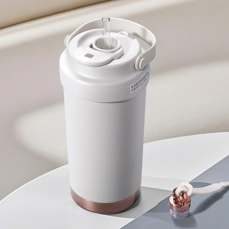 

E8BD 500ml Water Cup with Straw Lid Ceramic Inner Layer Stainless Steel Coffee Mug