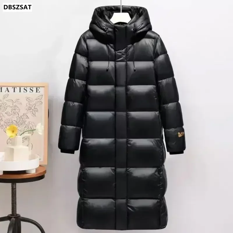 2028 New Black Gold Seven Grid  White Down Jacket Thickened Women\'s Winter Plus Long  Solid Color Men  Lovers Coat Hooded Warm