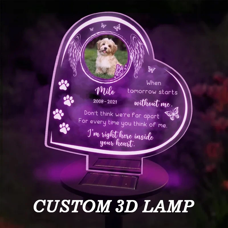 Lampada 3D personalizzata regali commemorativi per animali domestici Base a luce solare foto personalizzata luci notturne regali per la perdita di cani da compagnia cimitero regali commemorativi giardino