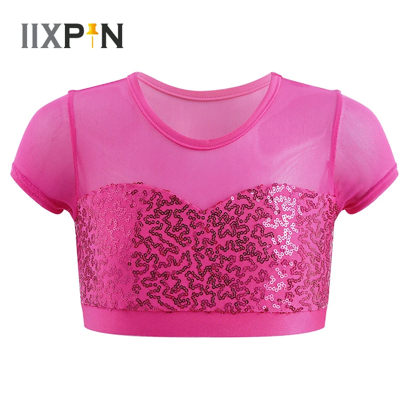 Kids Girls Dance Crop Top Mesh Short Sleeve Shiny Sequins Ballet Tops For Jazz Dancing Stage Performance Gymnastics Costume