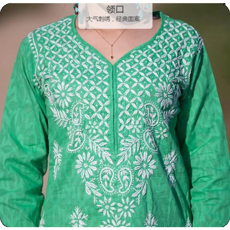 سترة نسائية كورتي هندية/باكستانية مطرزة للربيع والصيف فستان تقليدي رقيق من جنوب آسيا بلوزة خضراء من القطن