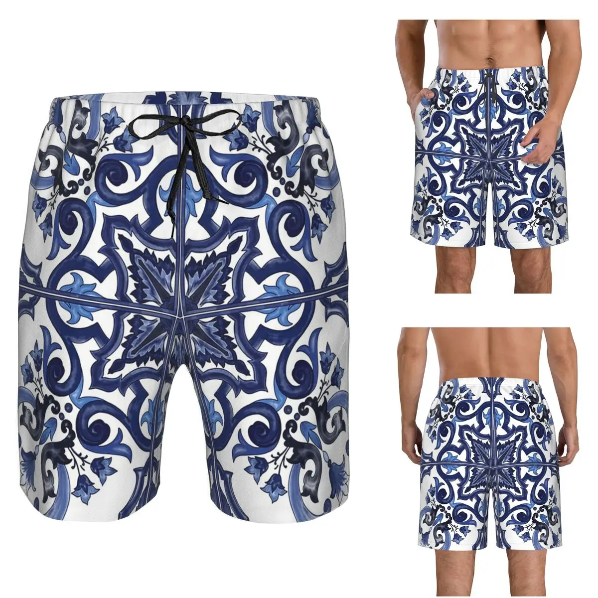 Blue Ornate Floral Mediterranean Sicilian Tile Trunks Beach Board Shorts Casual Quick Dry Swimming Summer Men Pants