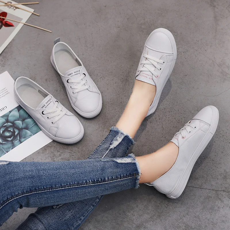 CXJYWMJL Genuine Leather Casual Sneakers for Women Plus Size Spring Summer Skate Shoes Ladies Vulcanized Shoes Little White