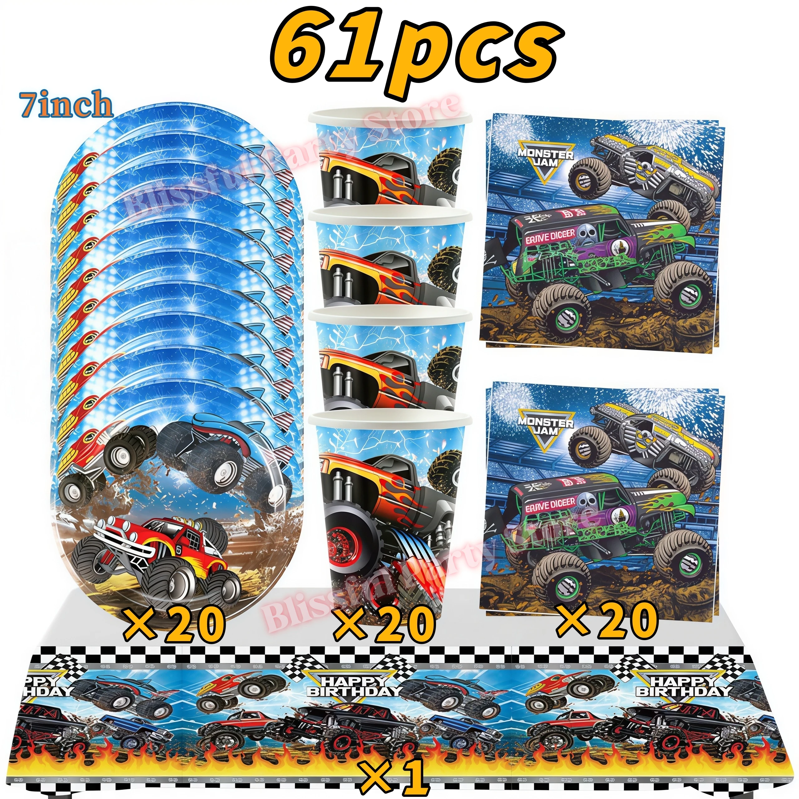 Monster Truck Party-Zubehör Jungen Rennwagen-Party-Dekorationen Teller Becher Luftballons Banner für Kinder Jungen 2. Geburtstag Party-Dekorationen – Detail 24