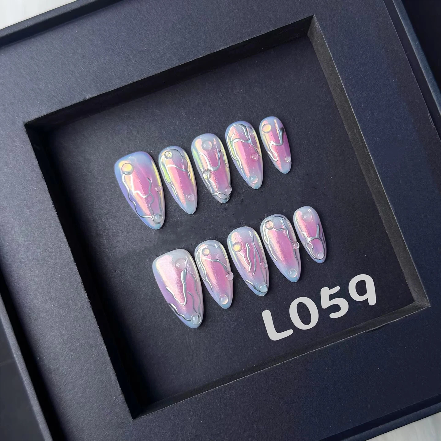10pcs Cyberpunk Aurora Press On Nails with Metallic Silver Lines & Rhinestones, Medium Long Almond Shape, Color-Shifting