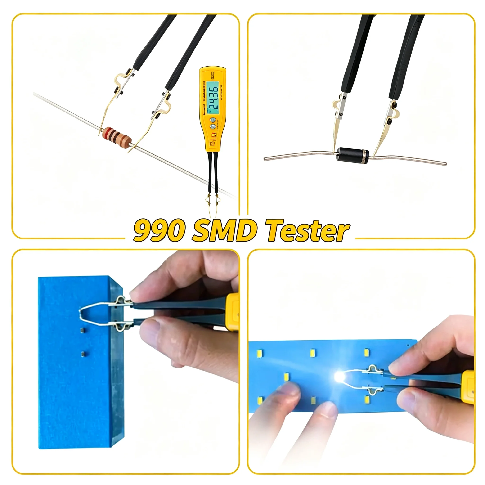 990B Digital Tweezer Meter 4000 Counts Auto-Ranging SMD Tester, Gold-Plated Pins for Resistance Capacitance Diode & PCB Repair