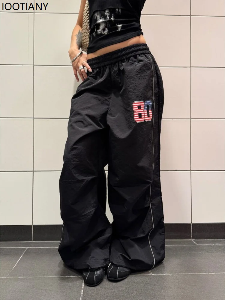 Vintage Pattern Embroidery Women's Drape Wide-leg Pants Elastic Waist Jogging Parachute Pants Loose Casual Streetwear Trousers