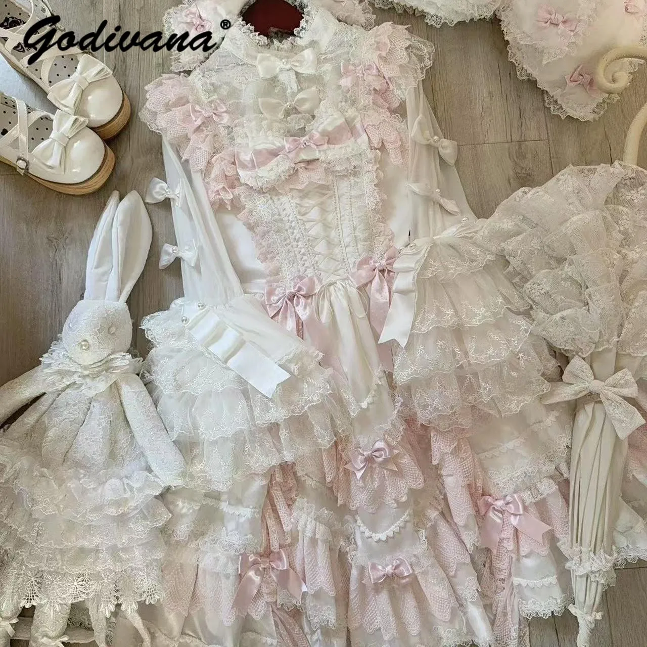 Original Lolita Princess Dress New Spring and Autumn Stand Collar Girls Women's Fairy Lace Spliced Flower Wedding Dresses