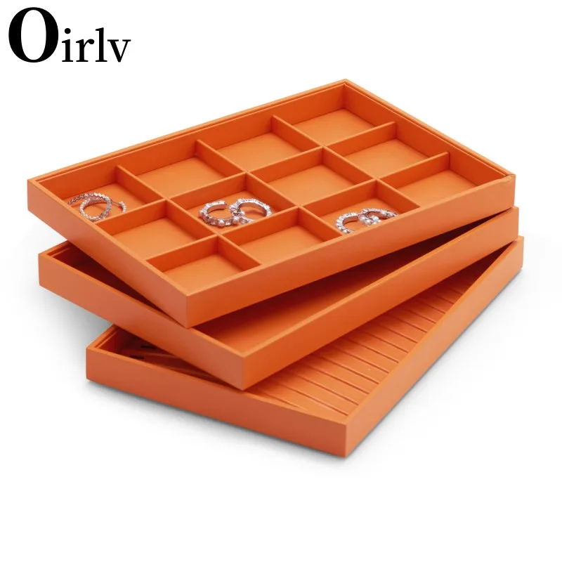 Oirlv Luxury Orange Leather Stackable Jewelry Tray Jewelry Drawer Organizer Trays Rings Earrings Storage Display Props