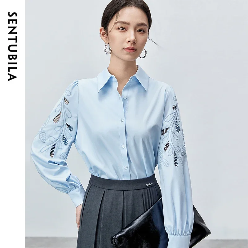 SENTUBILA Embroidery Hollow Out Shirt for Women 2024 Autumn Turn Down Collar Long Sleeve Solid Elegant Blouse Ladies M43C57362X