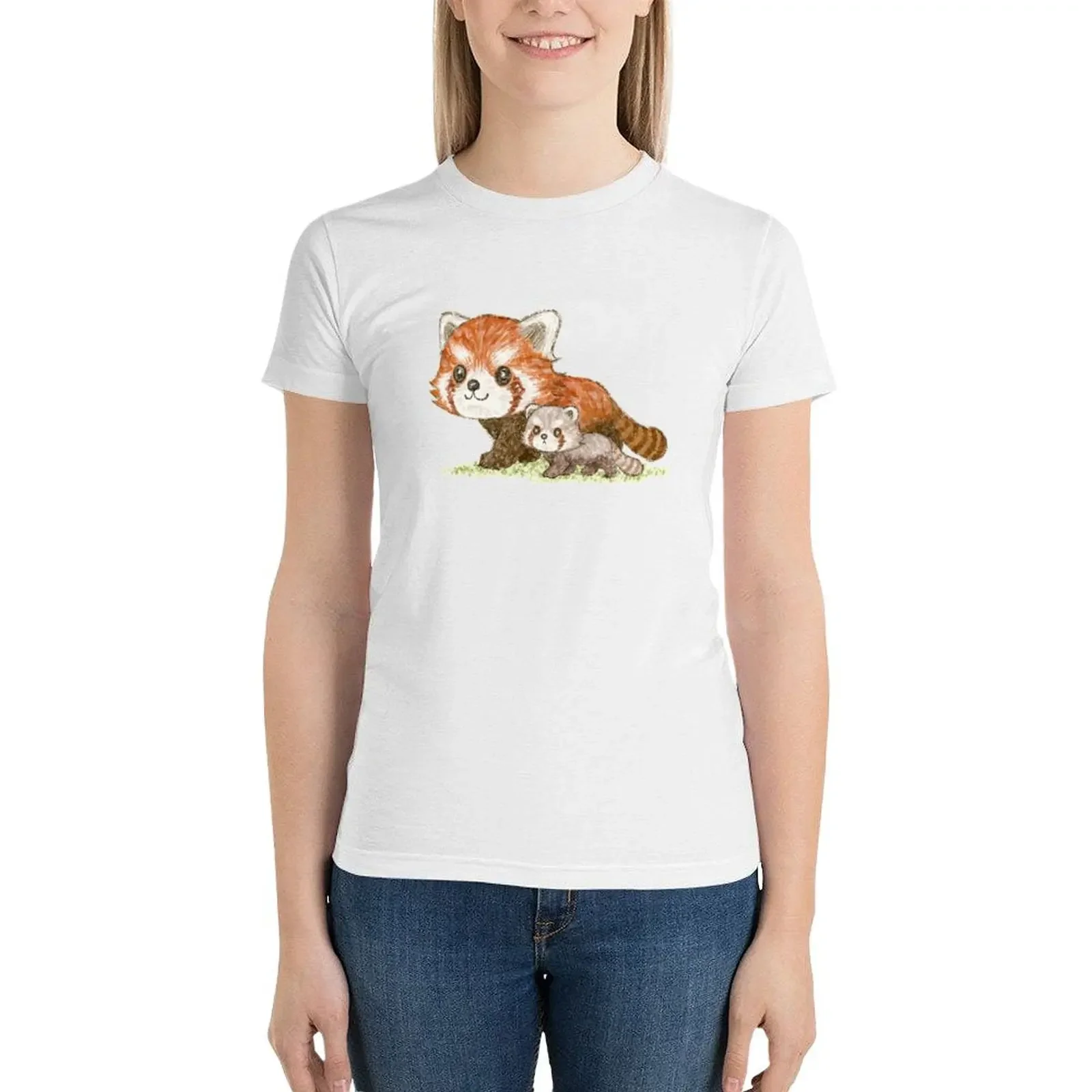 T-shirt gráfica do panda vermelho para mulheres, roupas fofas, roupas estéticas familiares, camisetas para mulheres