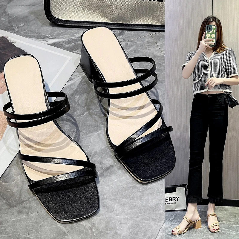 Women Sandals Ladies Square Heels Elegant Summer Slippers Outside Cross Tied Leather Female Slides 2024 Fashion Woman Sandals