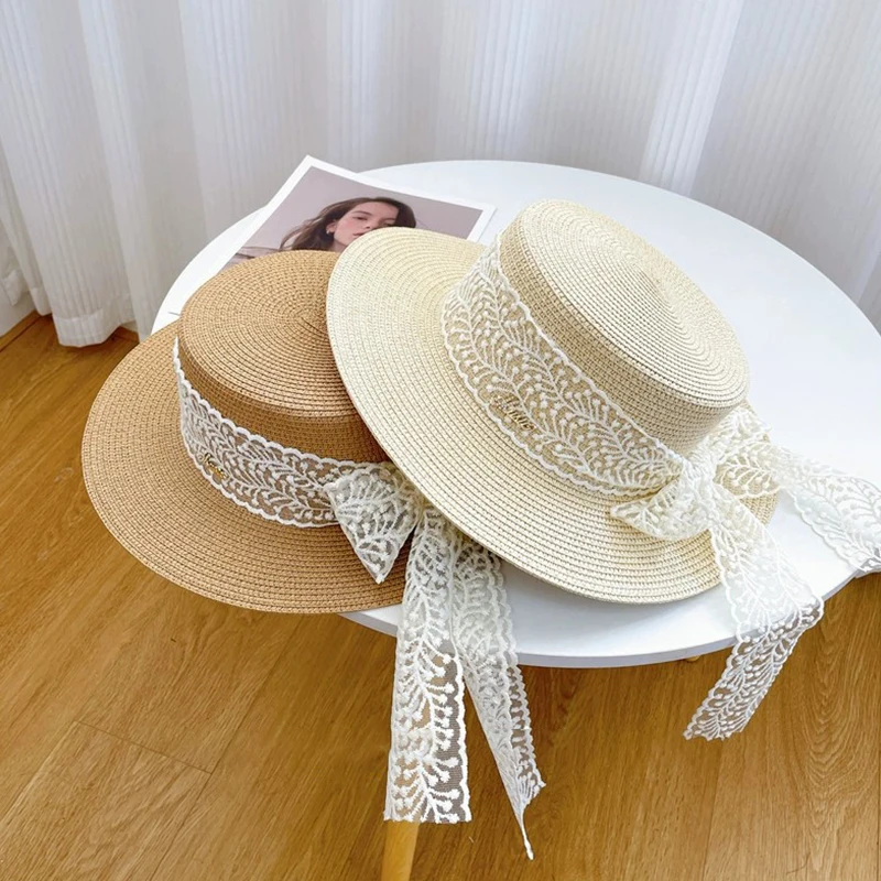 

1pc New Summer Beach Straw Hat For Women Lace Bow Wide Brim Sun Protection Hat Travel Fashion Small Fresh Vacation Sunscreen Cap