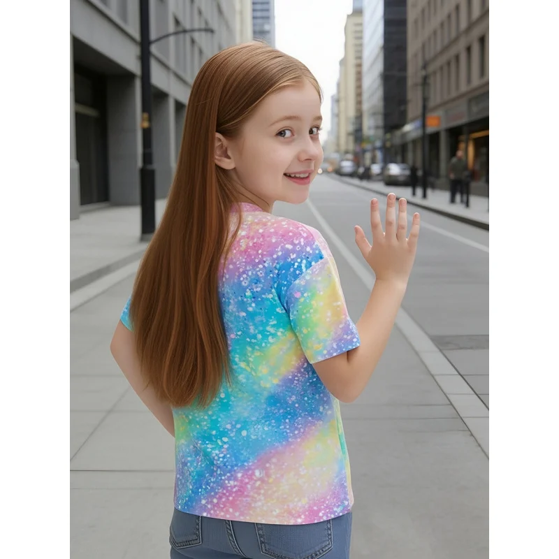2026New Summer Colorful Tie-Dye Short-Sleeve Shirt for ChildrenTShirt Girls' Loose Casual Versatile Top
