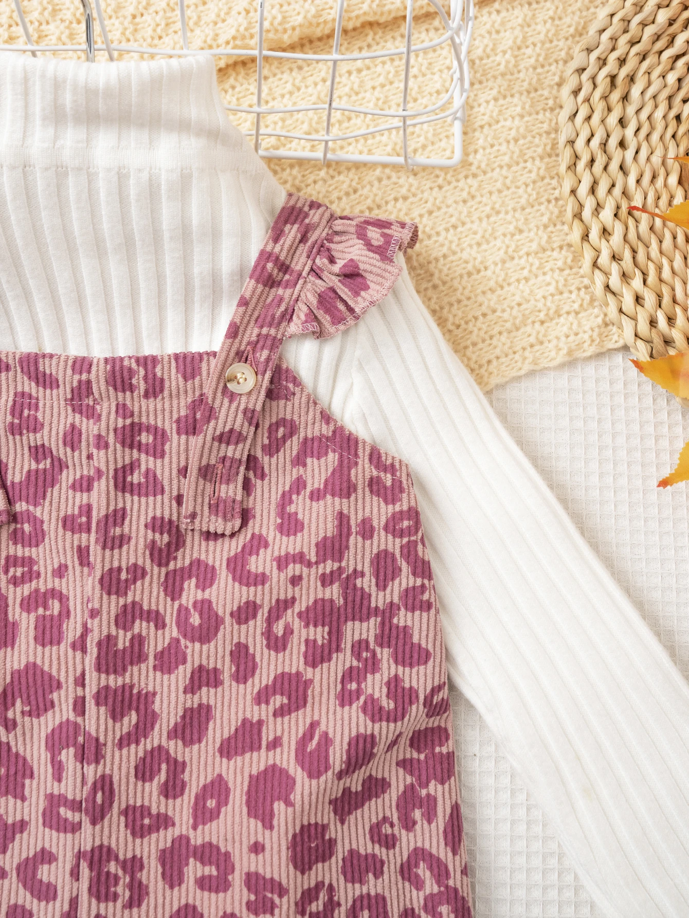 Mädchen Einteiler Overall Leopardenmuster Cord-Jumpsuit Weites Bein Latzhose Mädchen Rüschen-Träger-Strampler Herbst Kinderkleidung – Detail 3