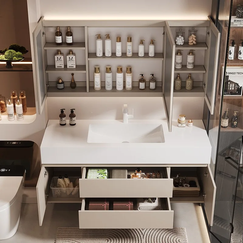 Cream wind bathroom cabinet combination rock slab seamless ceramic integrated basin toilet washbasin