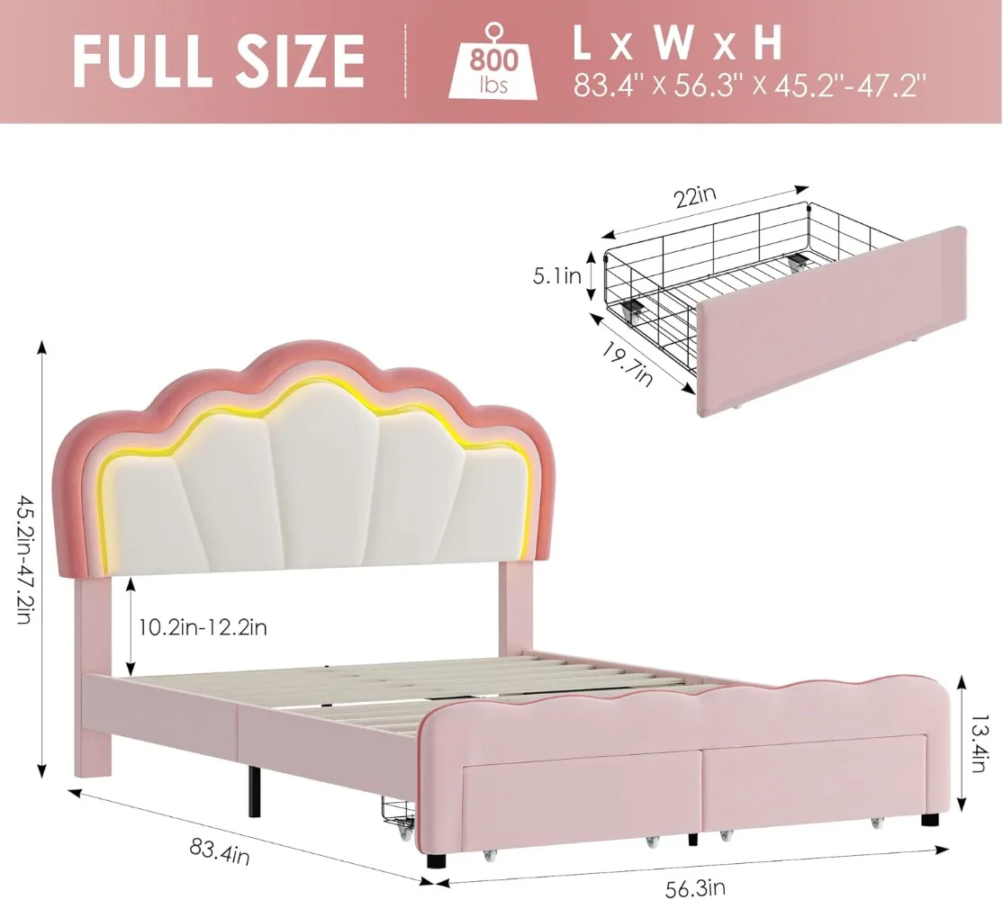 HOSTACK Full Upholstered LED Bed Frame with Storage Drawers, Cute Girls Bed with Adjustable Lotus Headboard, Velvet Princess