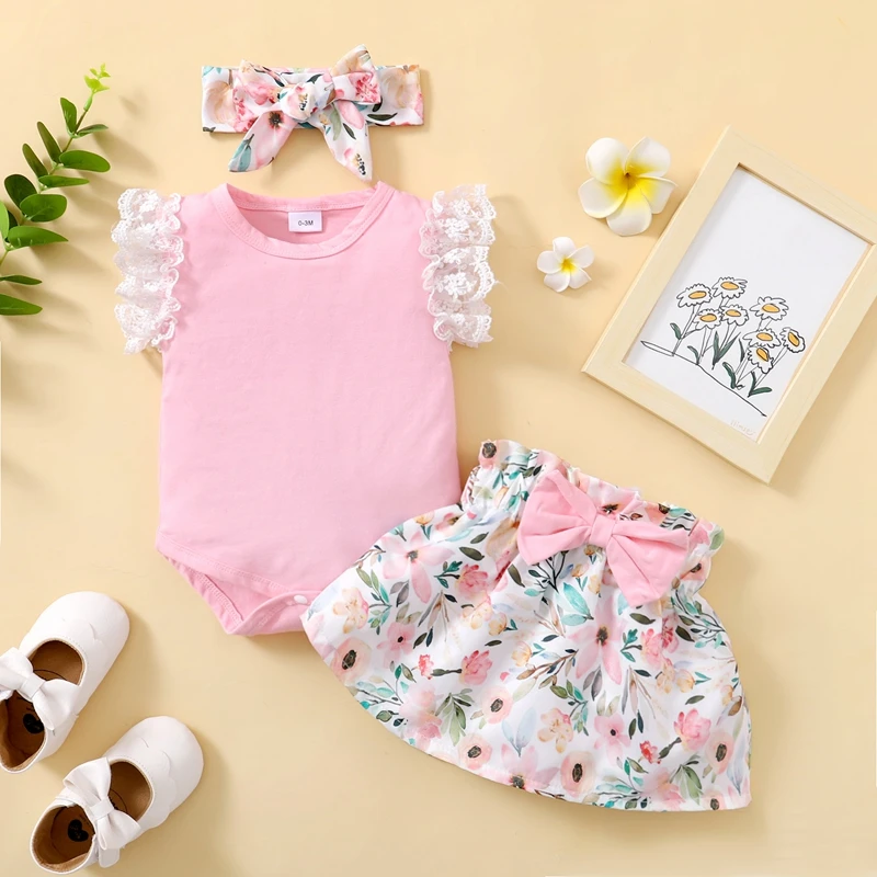 0-18 Months Newborn Baby Girl Summer Daily Clothes Set Fly Sleeve Romper Top + Flowers Skirt with Headband Lovely 3PCS Outfit