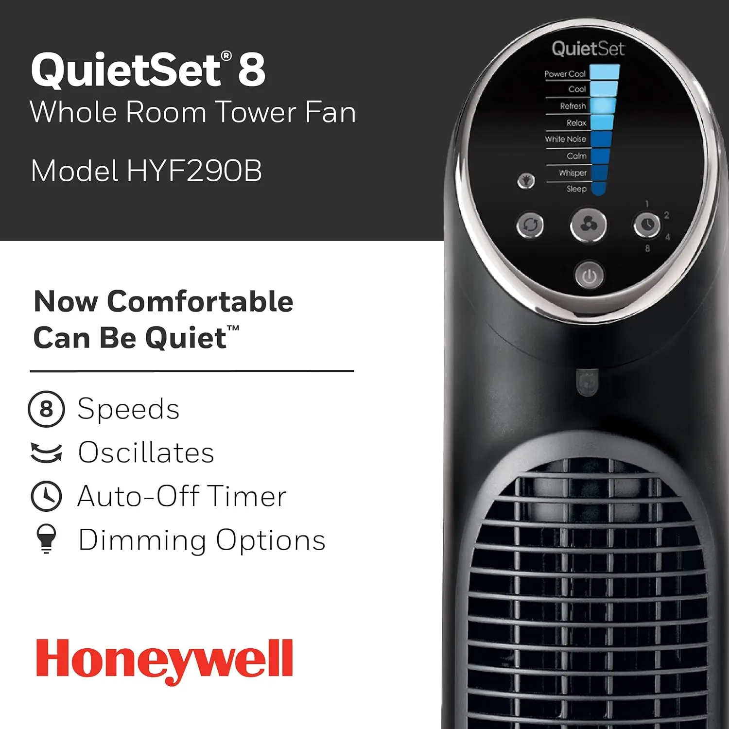 Башенный вентилятор Honeywell QuietSet для всей комнаты, черный, HYF290B