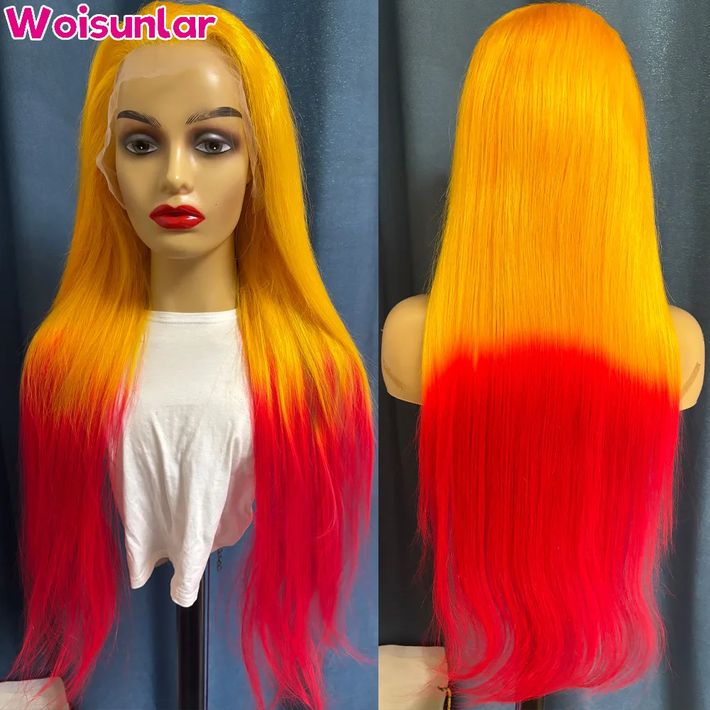 

Ombre yellow and red Front Lace wigs human hair 13X4 Transparent LaceStraight brown and 613 Human Hair For Women Human Hair 100%