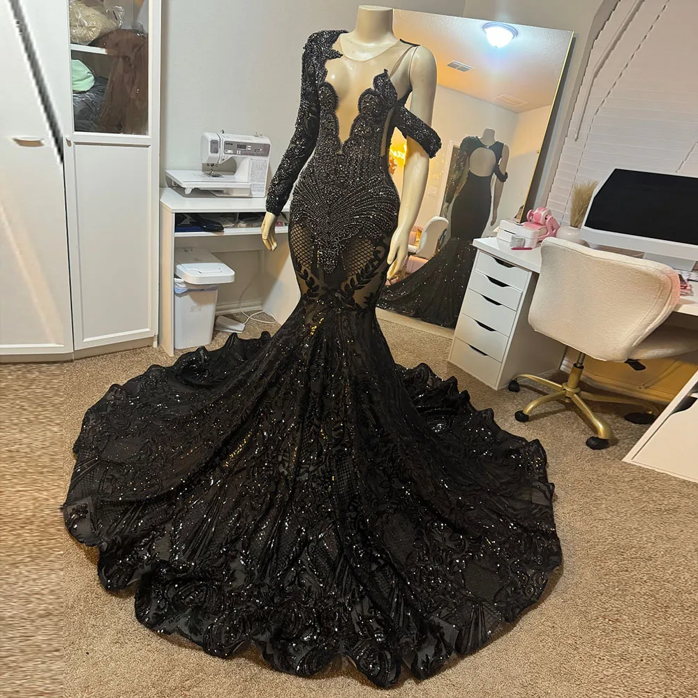 Black Sequin Prom Dresses 2025 Luxury Crystal Mermaid Party Gowns Rhinestones Long Sleeve Birthday Dress Robe Customized