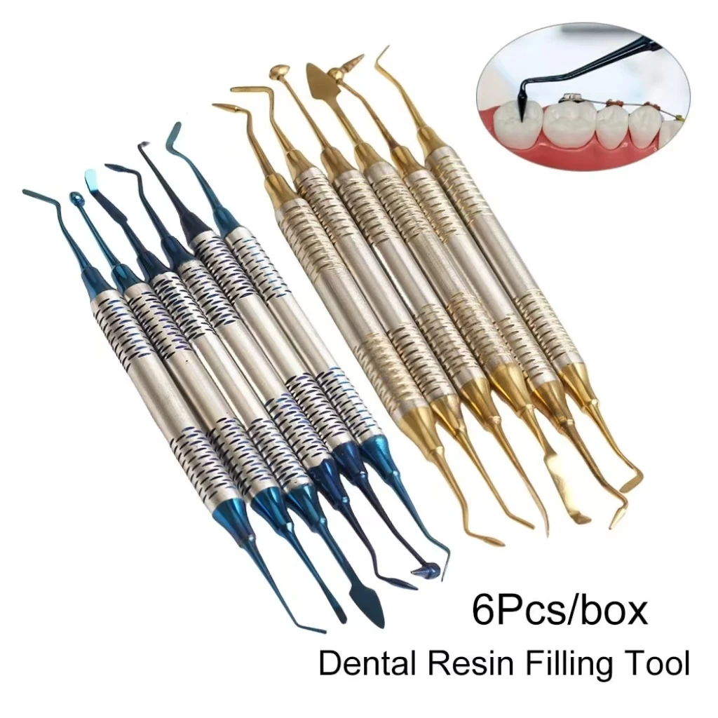 

6pcs Dental Composite Resin Filling Spatula Titanium plated Head Resin Filler Set thick handle Restoration set Dental Instrument