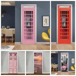 Removable Pink Telephone Booth 3D Door Sticker Wallpaper Vinyl Decal Kawaill Girl Door Decor Sticker Wallpaper Peel And Stick