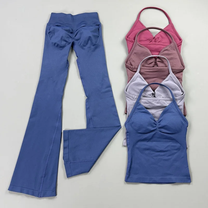 2Pcs Seamless Gym Sports Set Strappy Top Removable Padding Front Ruched Butt Lifting Fitness Workout Flare Leggings Yoga Suit